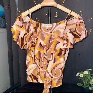 Sweet Rain Brown/Yellow Abstract Shoulder Blouse